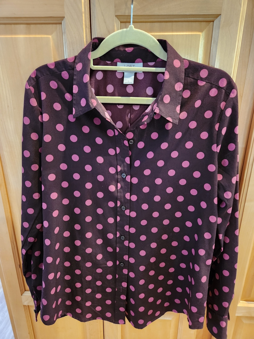LOFT Cranberry Blouse with Pink Polka Dots